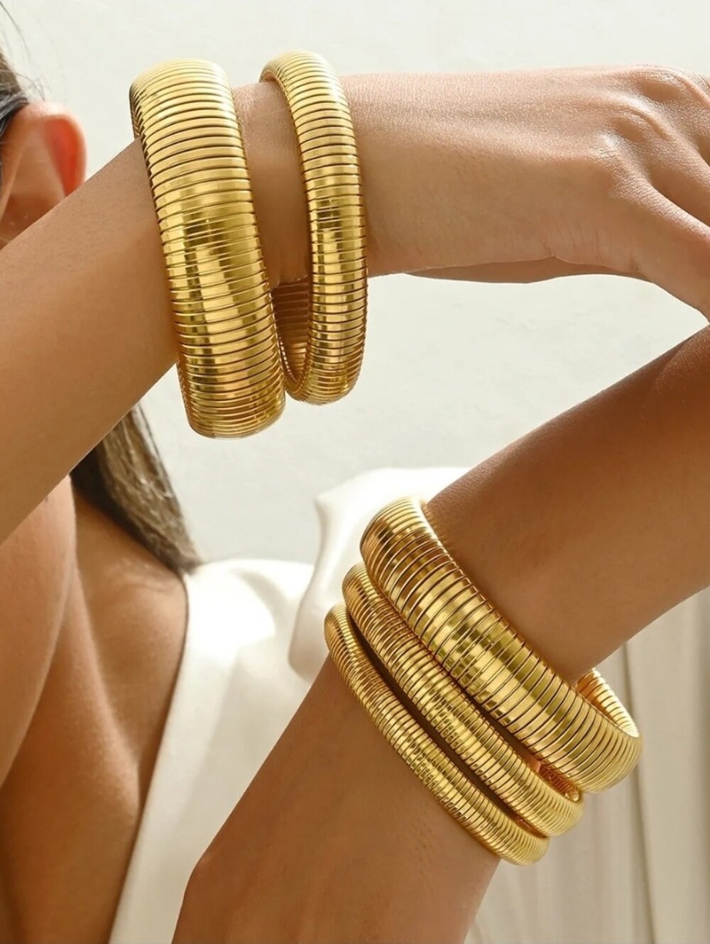 Two Chunky Wide Gold Plated Womens Bracelet Bangles. Size In Photo